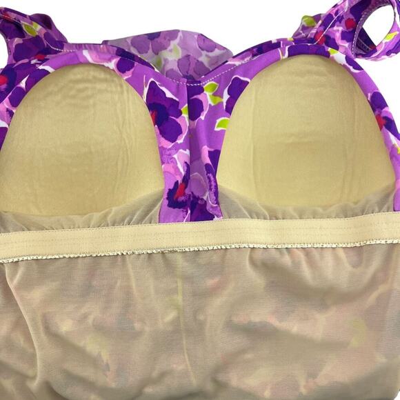 Maxine Of Hollywood Spa Shirred Girl Leg One Piece Swimsuit Purple Floral Size 1 - Picture 2 of 8